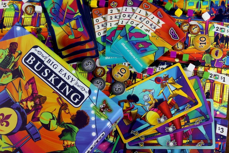 Components for the area control / majority game Big Easy Busking by Good Giraffe Games