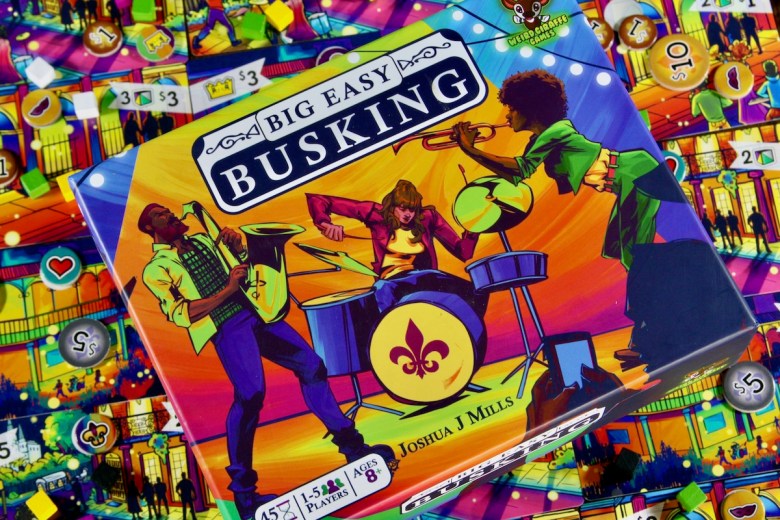 Colorful box art for Big Easy Busking by Good Giraffe Games featuring jazz musicians in New Orleans