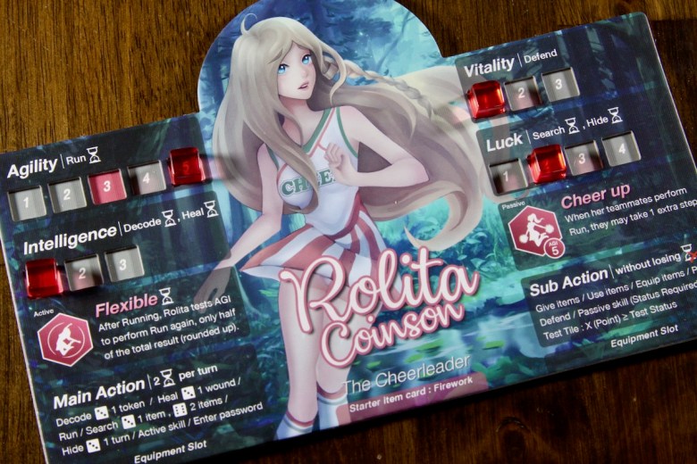 Rolita the Cheerleader and her player board in Victim the Cursed Forest board game