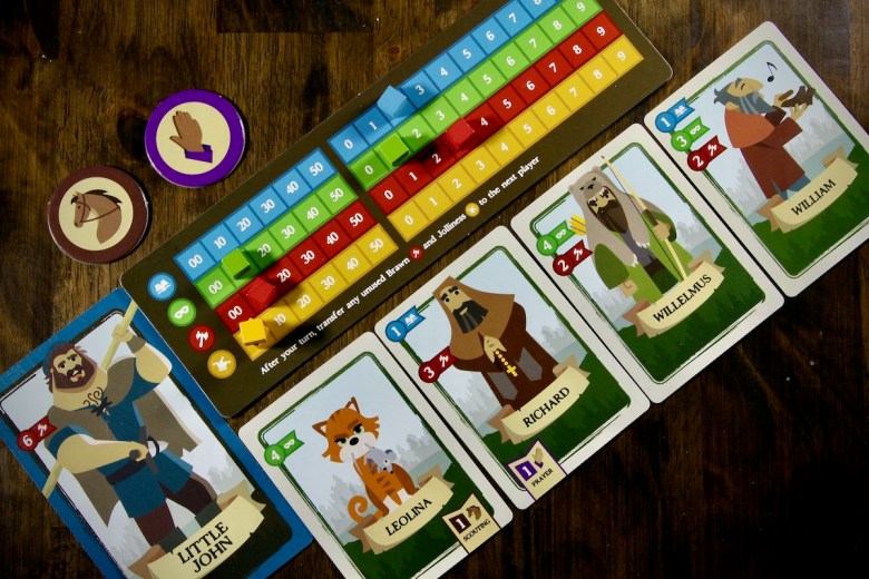 Little John and his crew with attribute boosts and skill tokens in the board game Rescuing Robin Hood