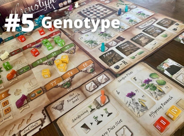 Genotype components feature dice, punnet squares, pea plant artwork, and the cover