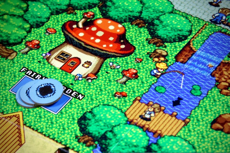 Adventure Realms artwork featuring the fairy garden, a mushroom shaped building, a fisherman, fairies and a very Legend of Zelda aesthetic