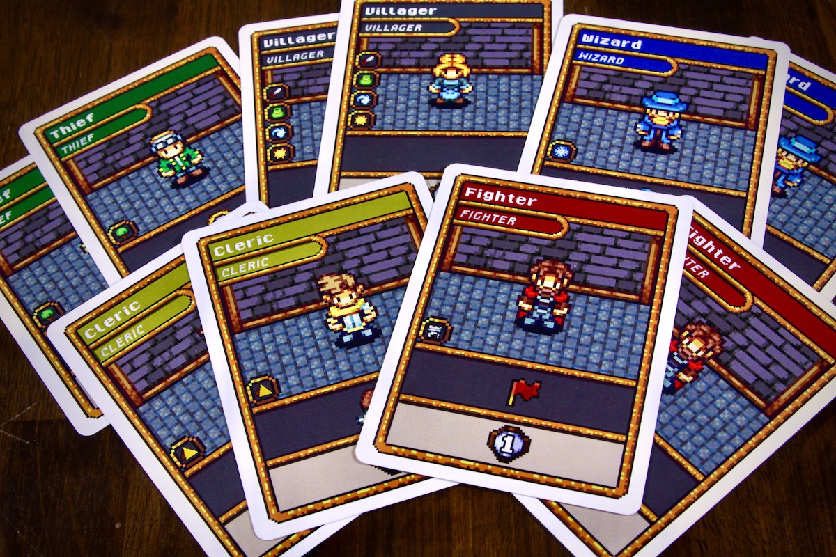 Adventure Realms starting hand featuring the theif, cleric, wizard, fighter and villager