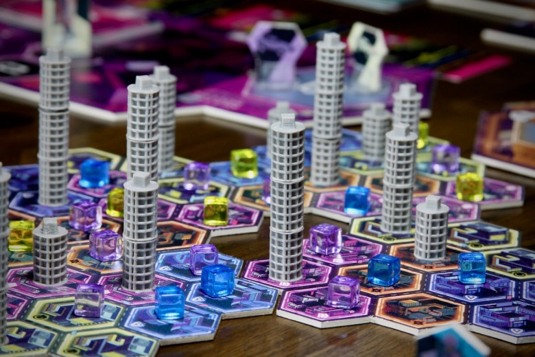 Cytress cyberpunk board game featuring crew cubes and tubes