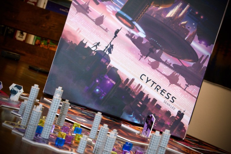 Cytress cyberpunk board game box and mini map