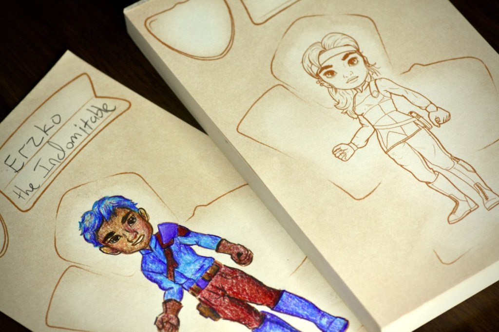 Character template pad and completed character in Chronicles of Avel board game