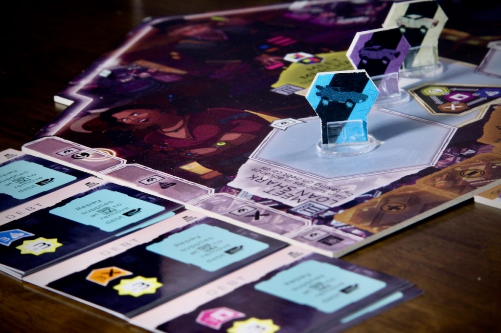 Ships and worker placement spots in Cytress cyberpunk board game